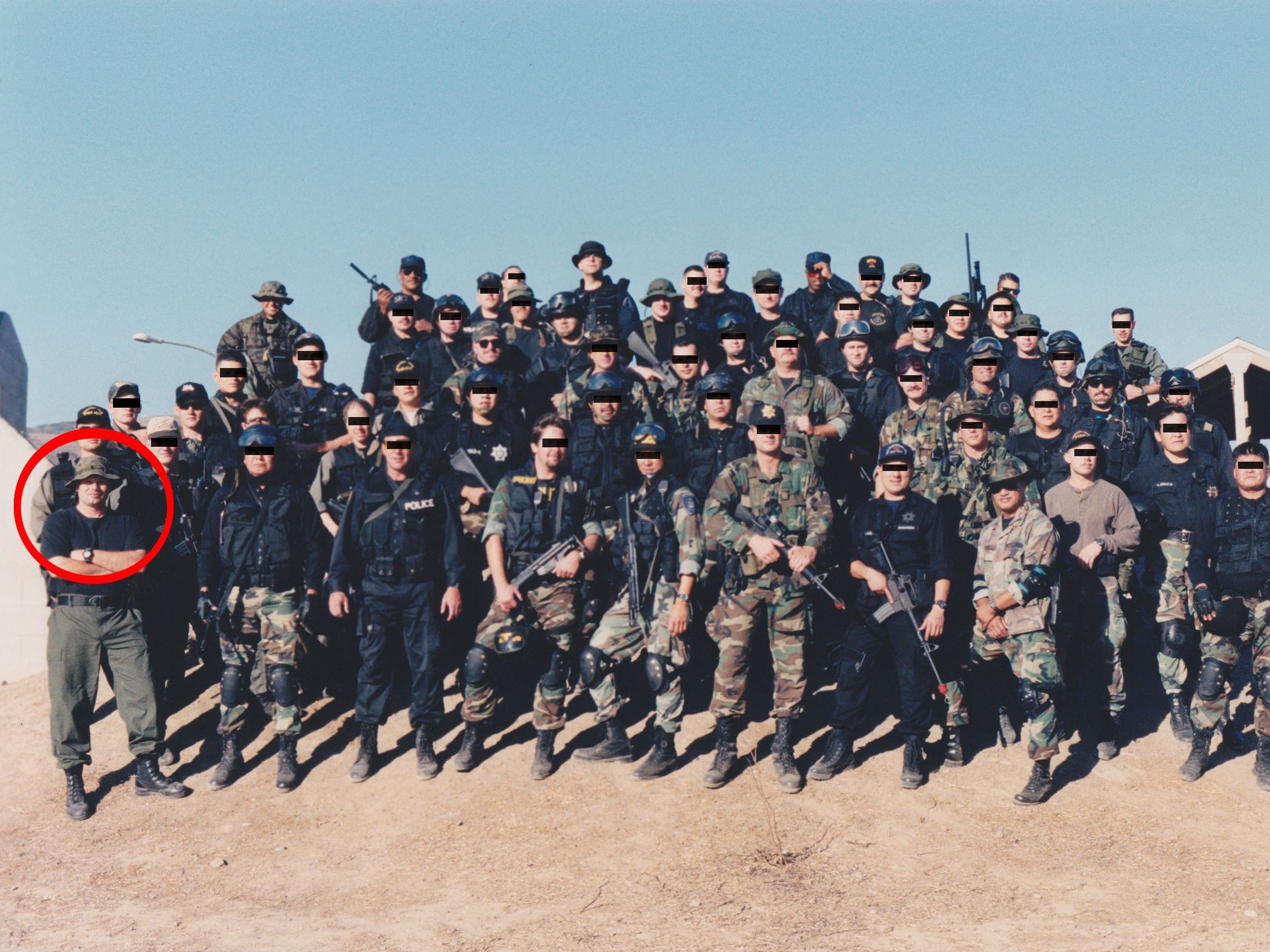 Jim (red circle) with his tactical students. Throughout his training career he has taught one-on-one private lessons to large groups such as this.
