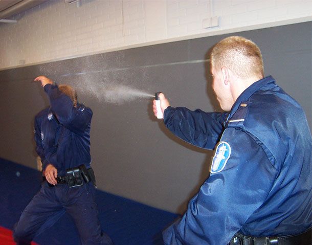 Jim teaches attacks that people are most likely to face, and he gives them solutions, like these two Finnish police officers defending against pepper spray.