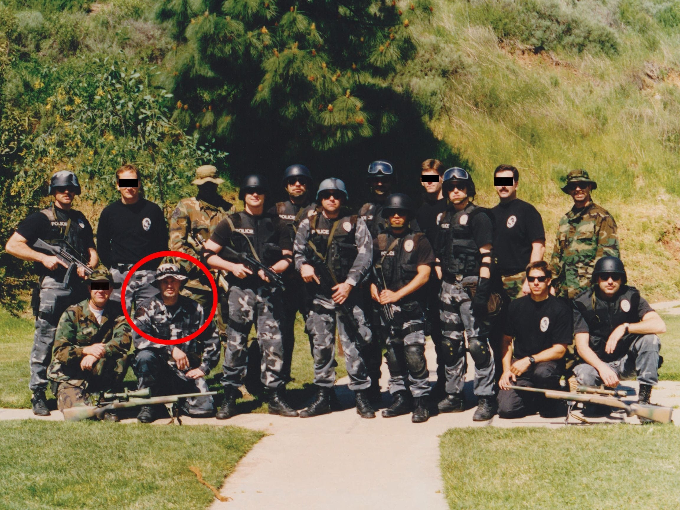 SWAT Officer Jim Wagner (in the red circle) with the Costa Mesa Police SWAT team (California), after a full day of training. He was on the team for three years.