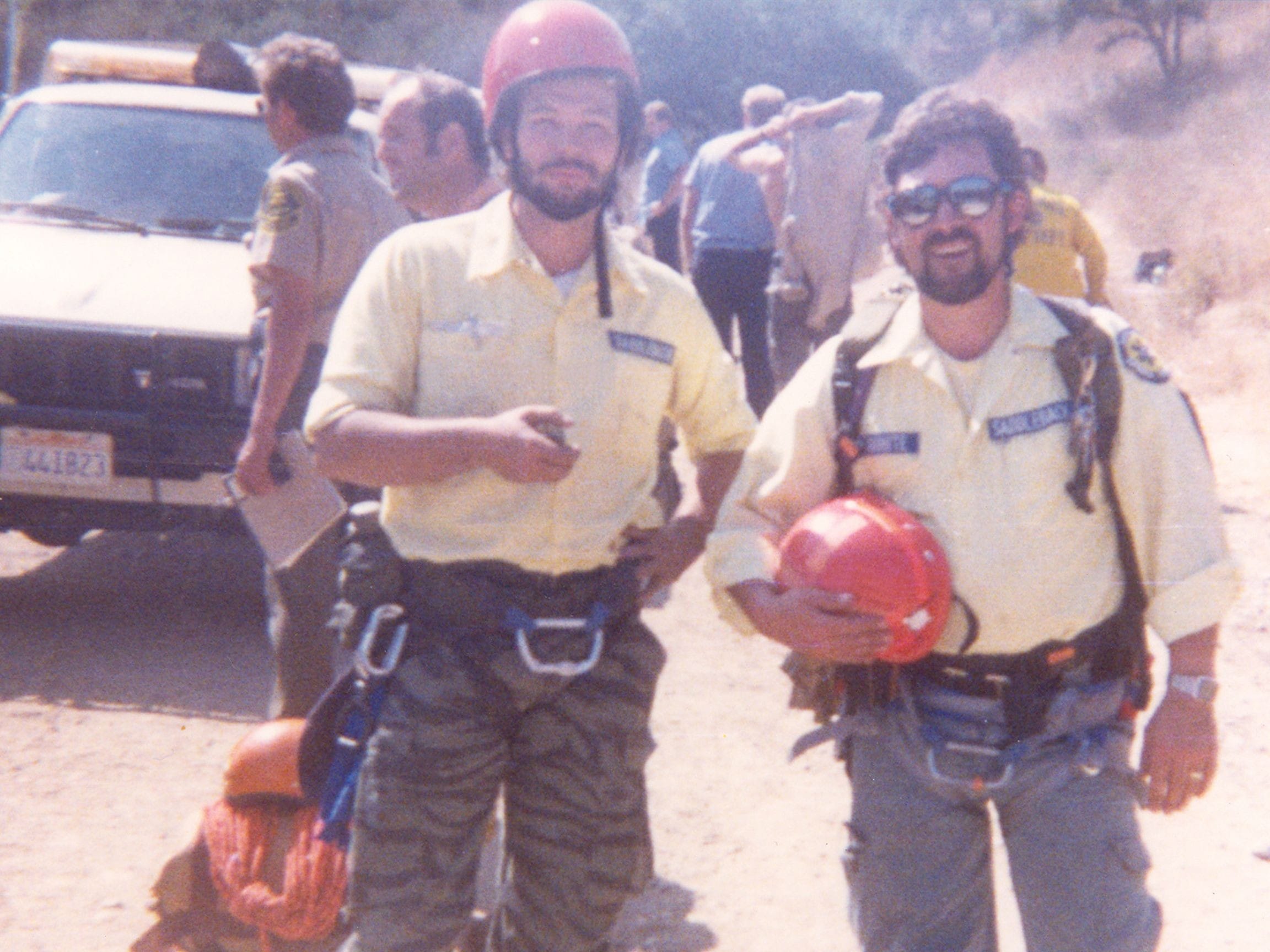 Jim (left) on the Saddleback Search & Rescue Team in a joint training for cliff rappelling with the Riverside Sheriff's Department Search & Rescue Team.