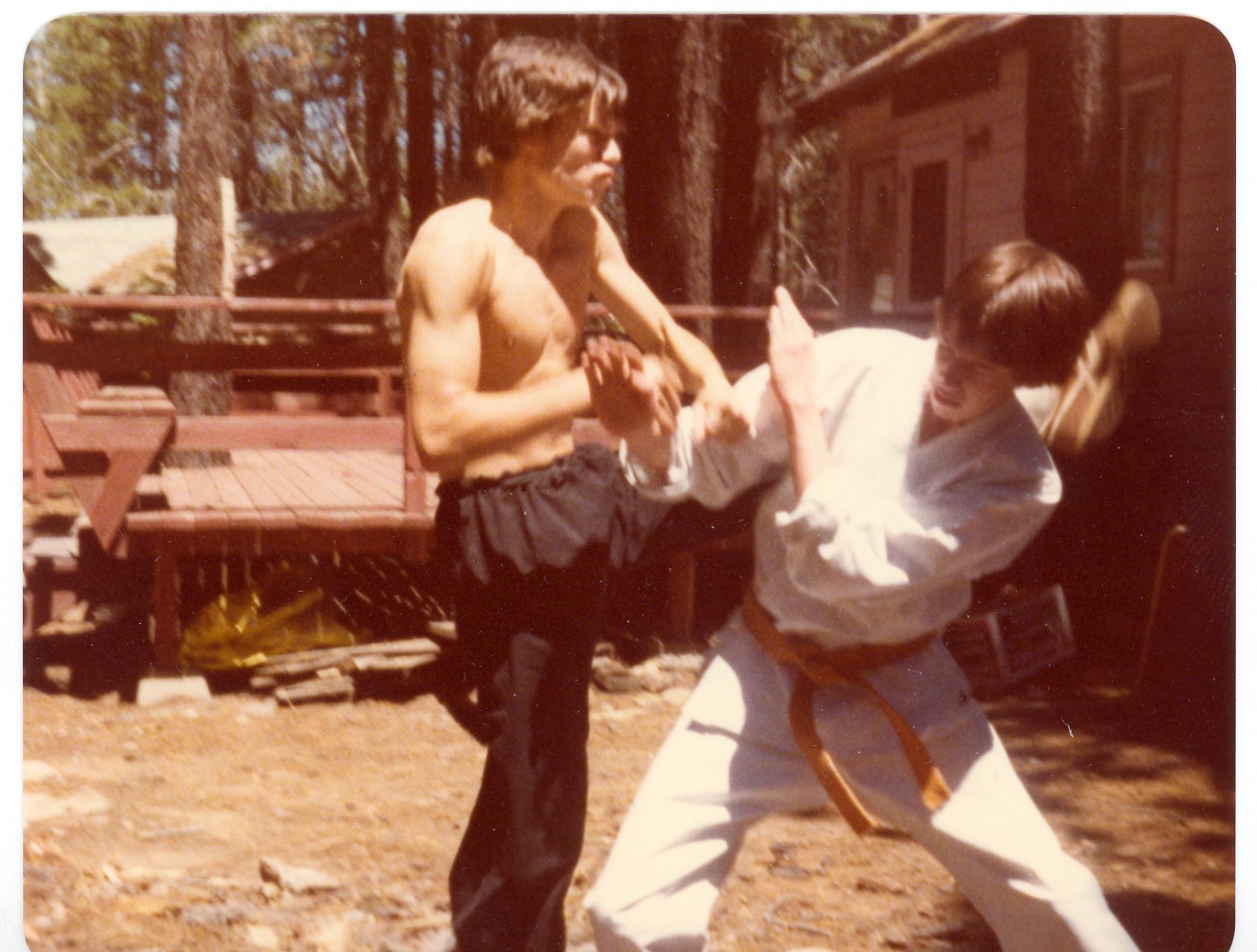 Jim started studying the martial arts at 14 years later, and he has not stopped over 40+ years later. Here he is (left) at 17 years old training with a friend.